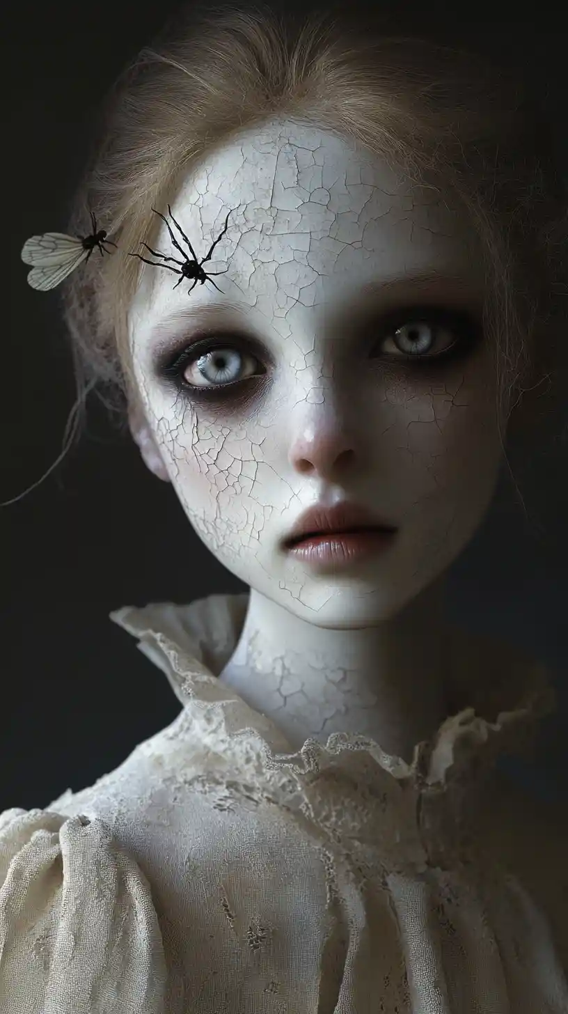 Gothic porcelain faced woman with skeletal moths in fog