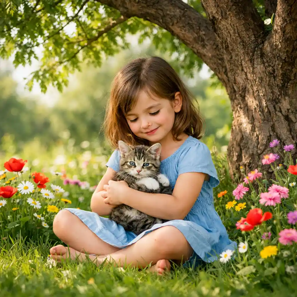 Menina segurando um gatinho na grama sob uma árvore
