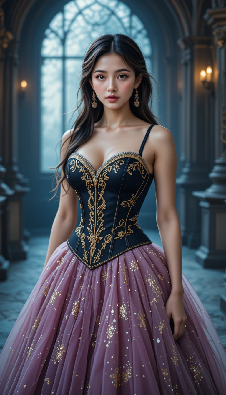 Elegante donna in abito con corsetto in un interno gotico