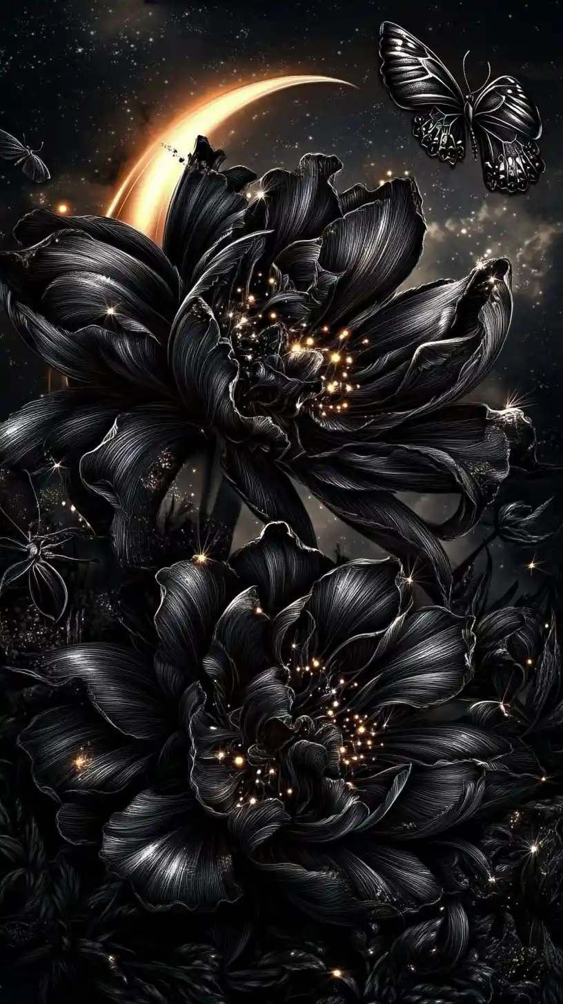 Gothic flowers under a crescent moon with moths and butterflies