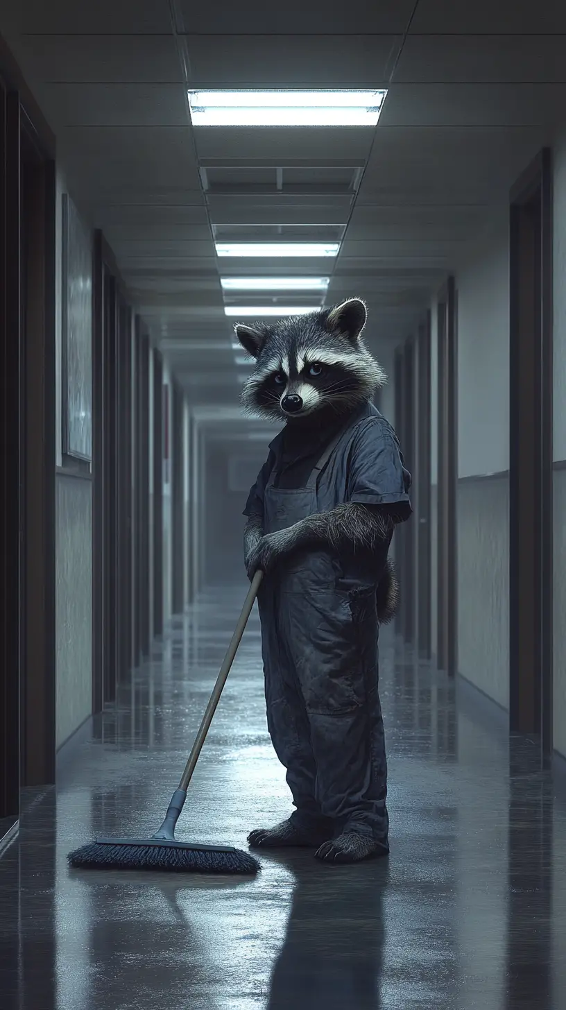 Tired anthropomorphic raccoon janitor in empty office hallway