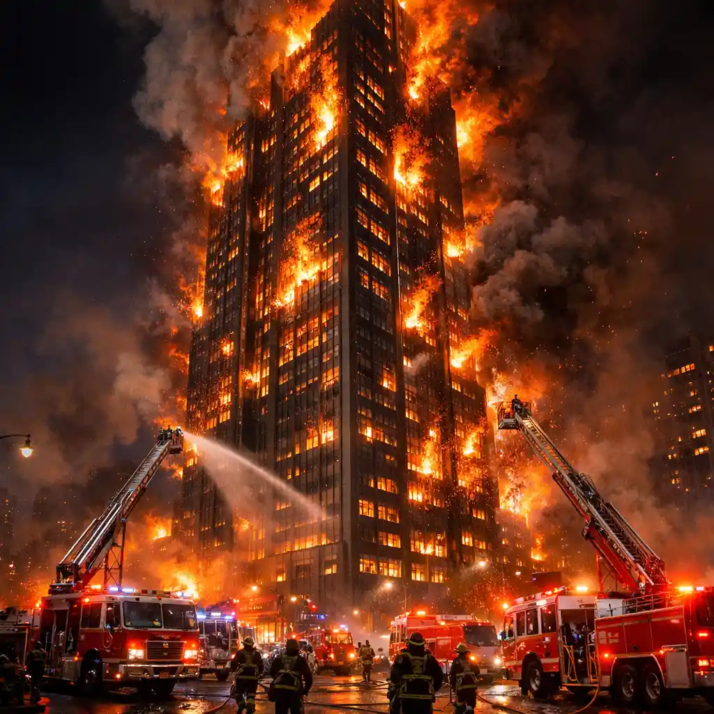 Burning skyscraper blazing against a dark night city sky