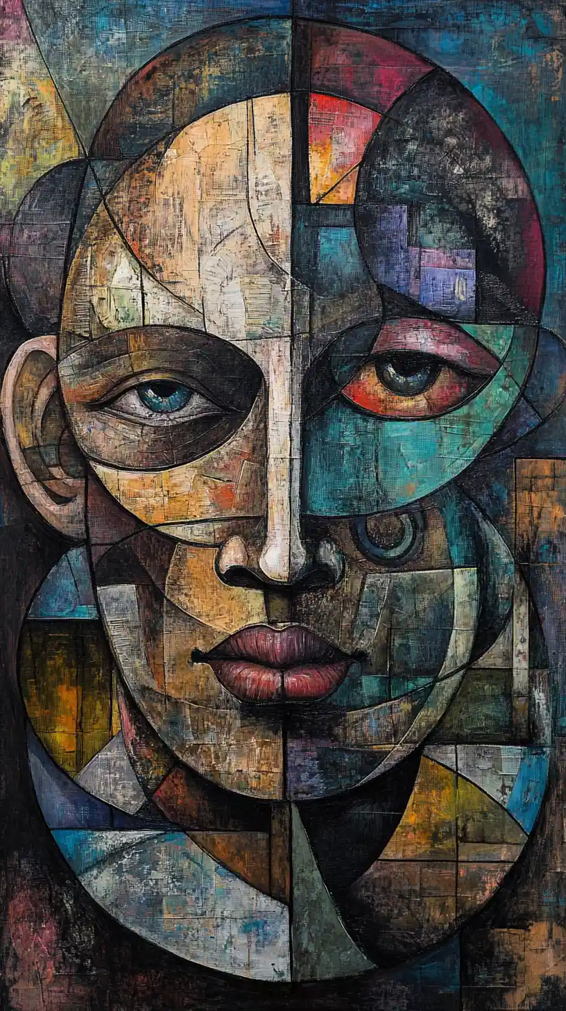 Surreal Cubist Portrait Of Fragmented Mechanical Human Faces
