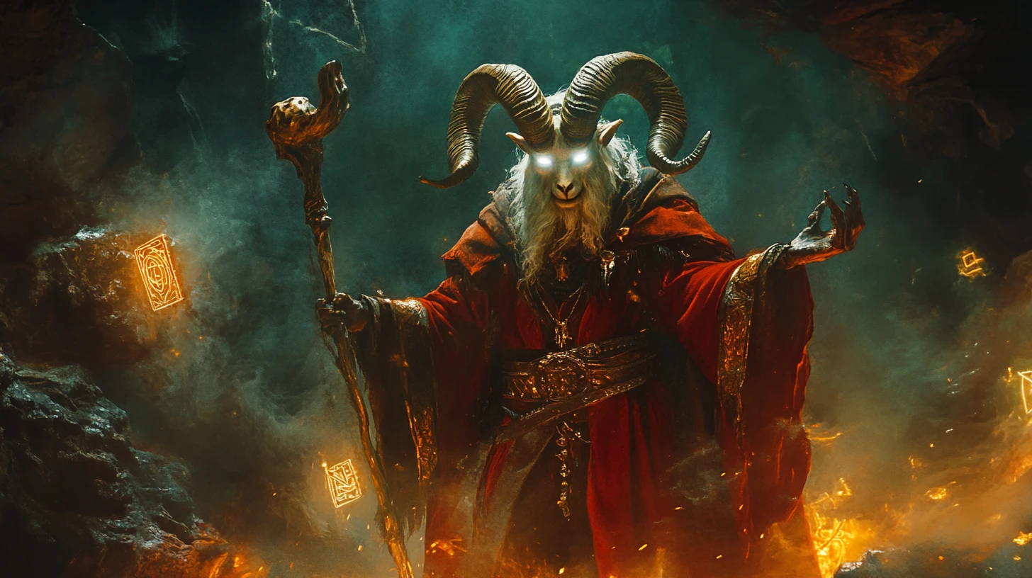 Dark sorcerer summoning ancient magic in a rune lit cave