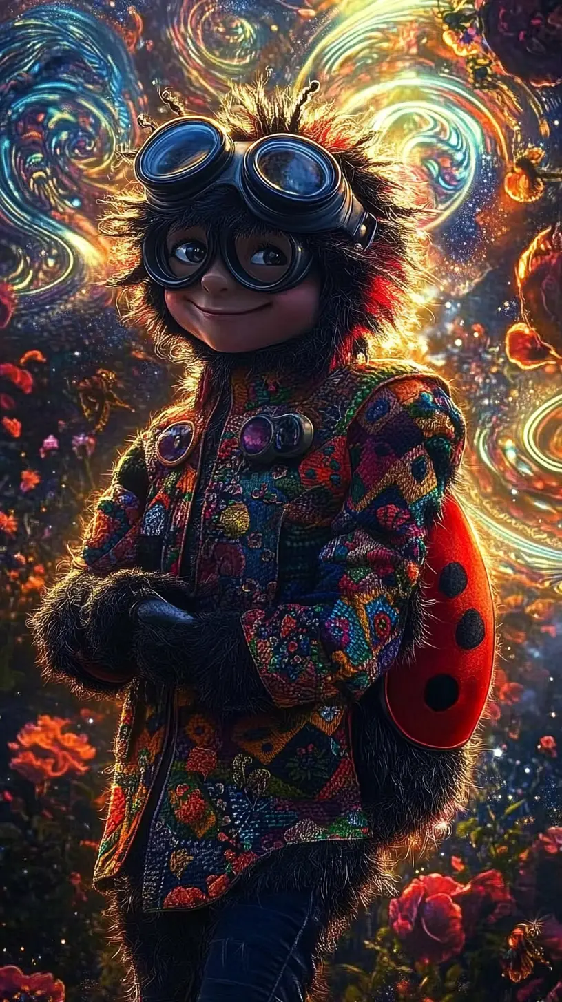 Whimsical ladybug character in a psychedelic floral world