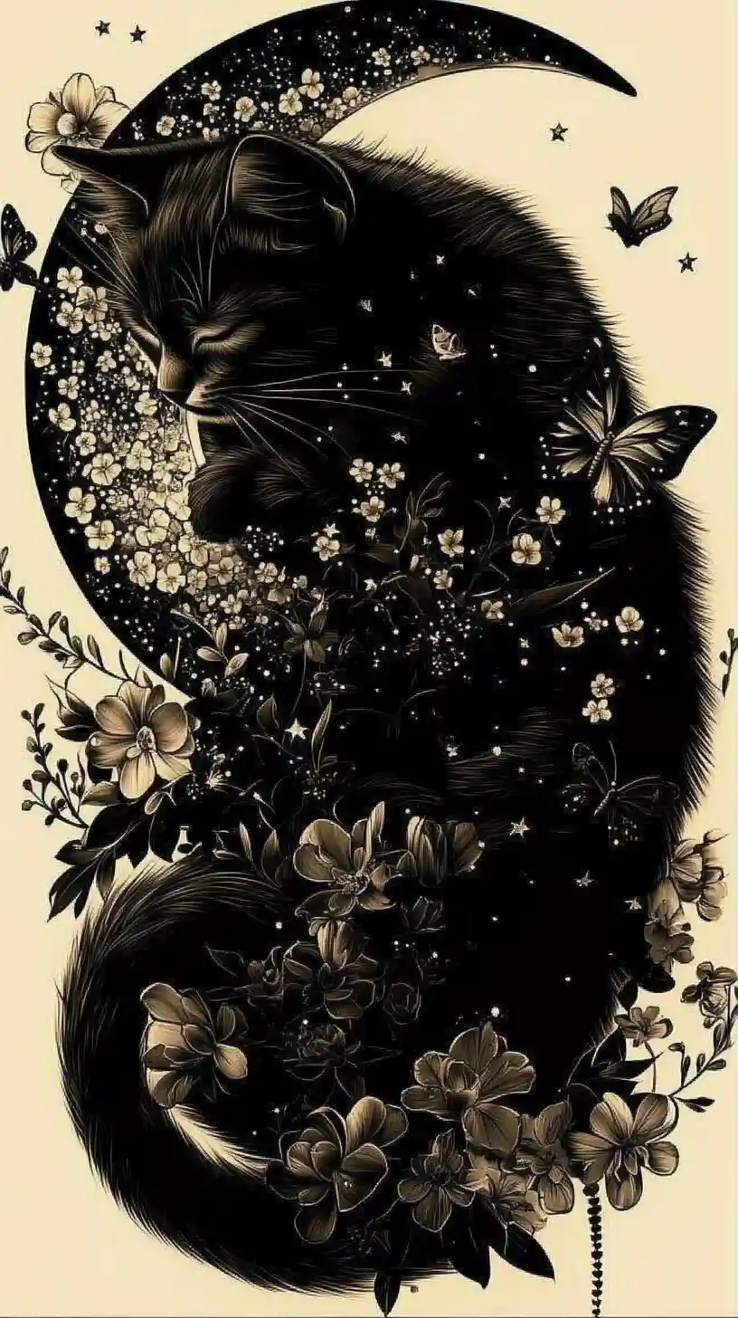 Kitten Wrapped Around Crescent Moon With Blossoming Florals