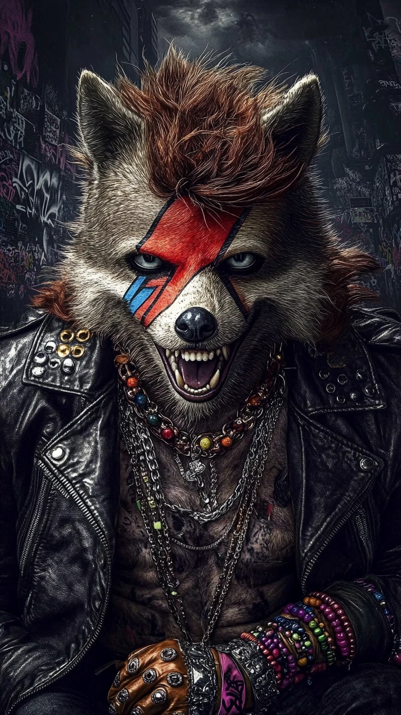 Charismatic rockstar creature in a punk city portrait