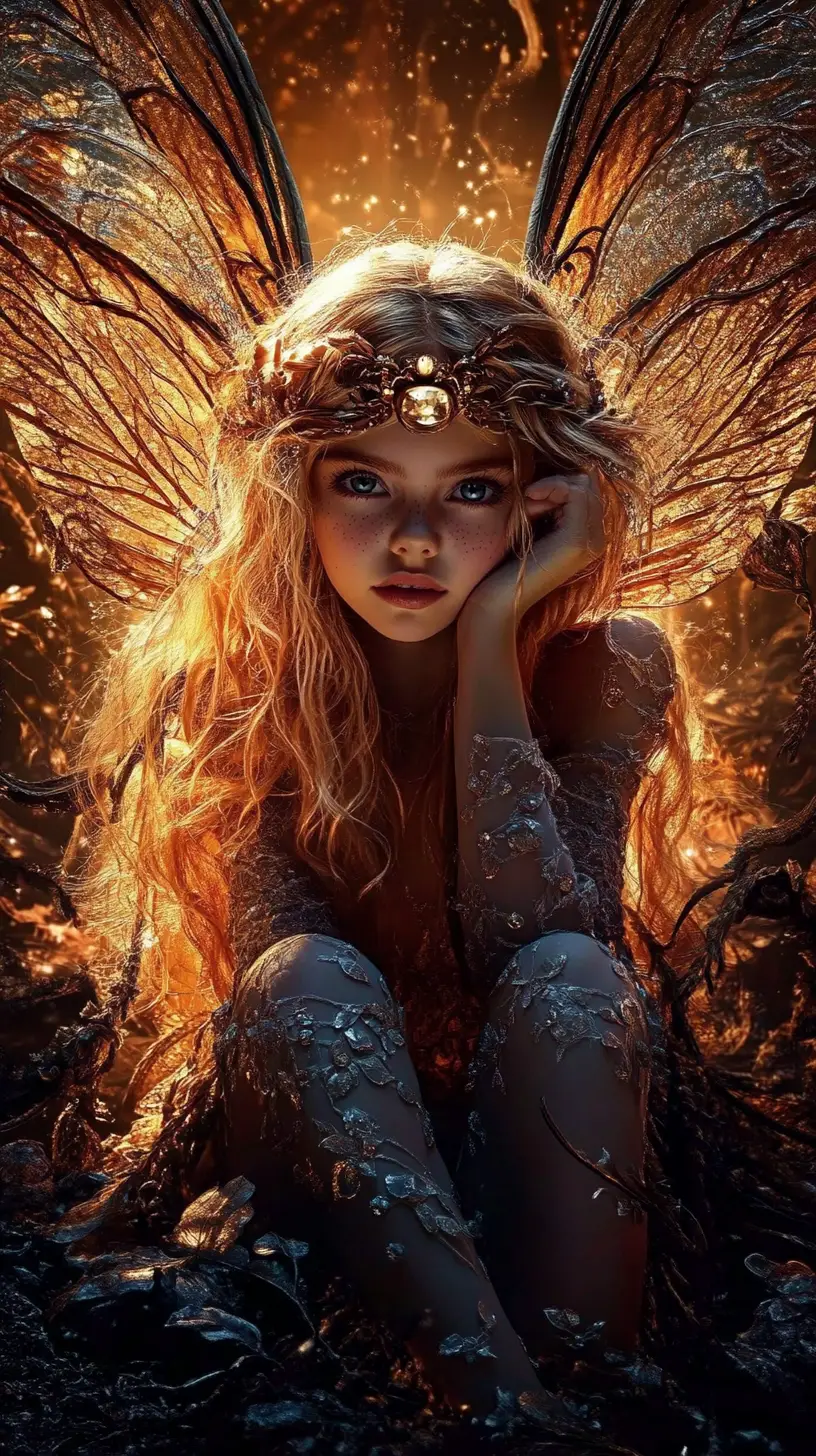Golden haired fairy pin up in warm glowing fantasy scene