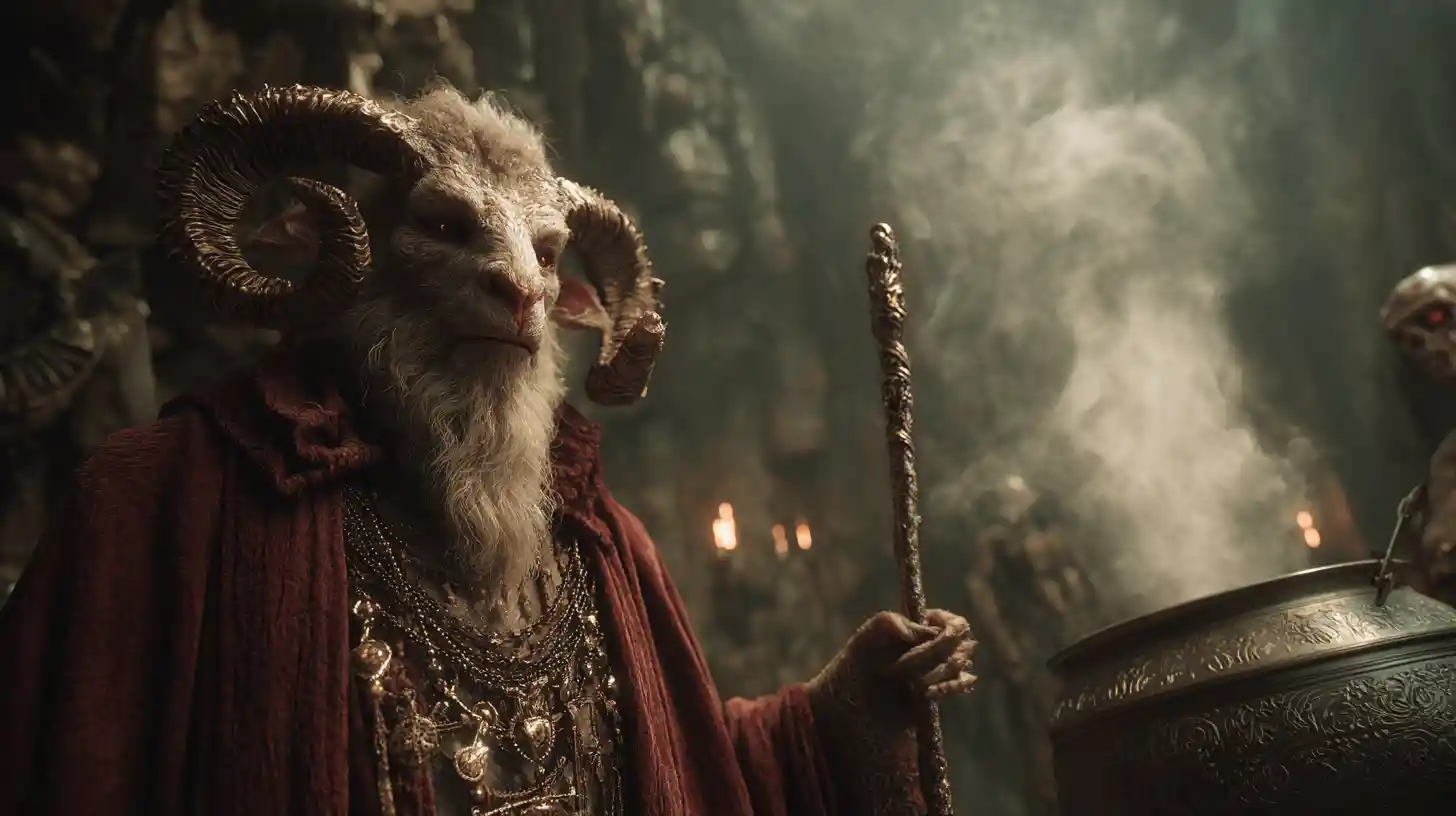 Demonic sorcerer summoning dark magic in a glowing cave