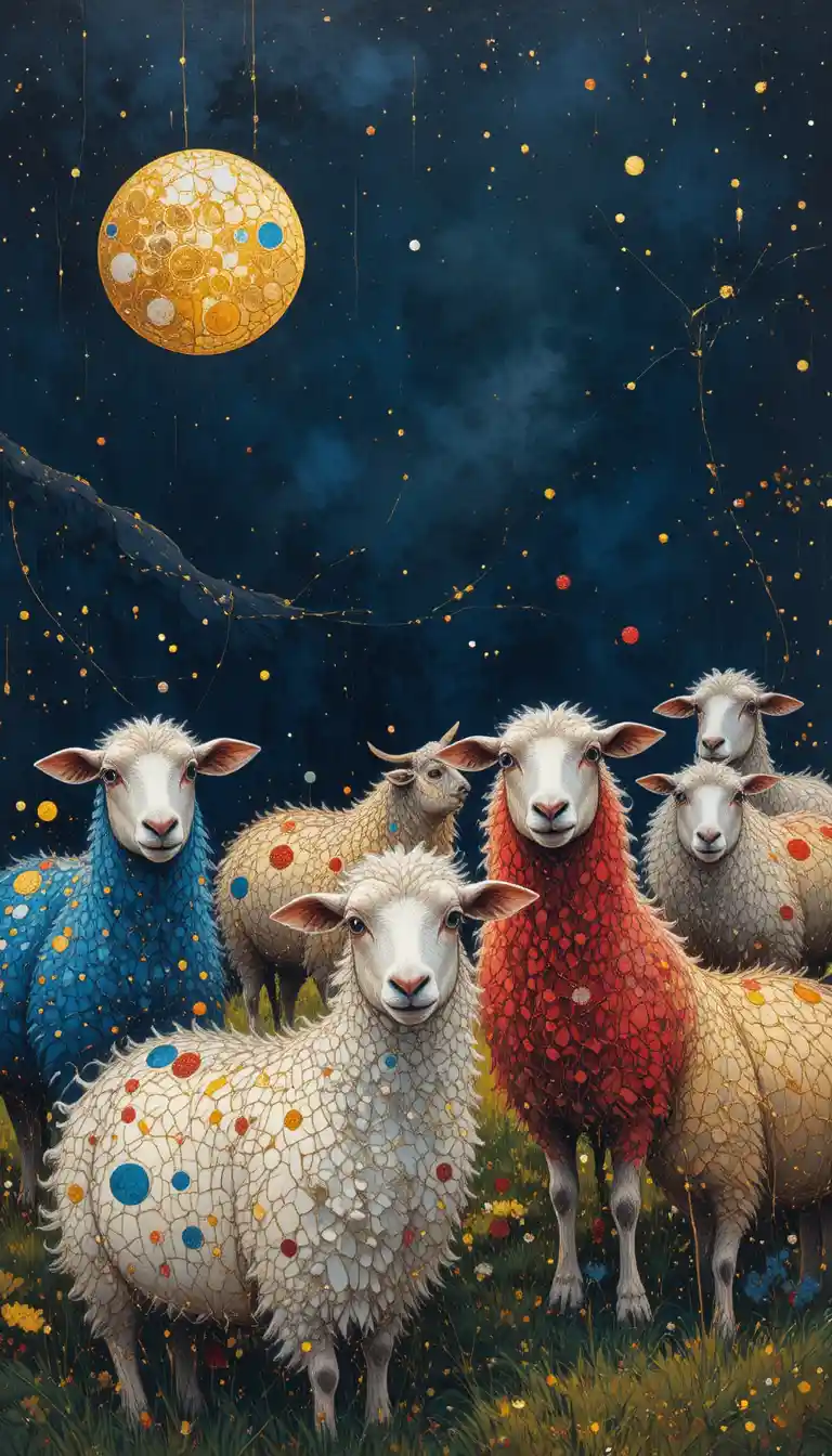 Colorful round sheep in a whimsical watercolor landscape