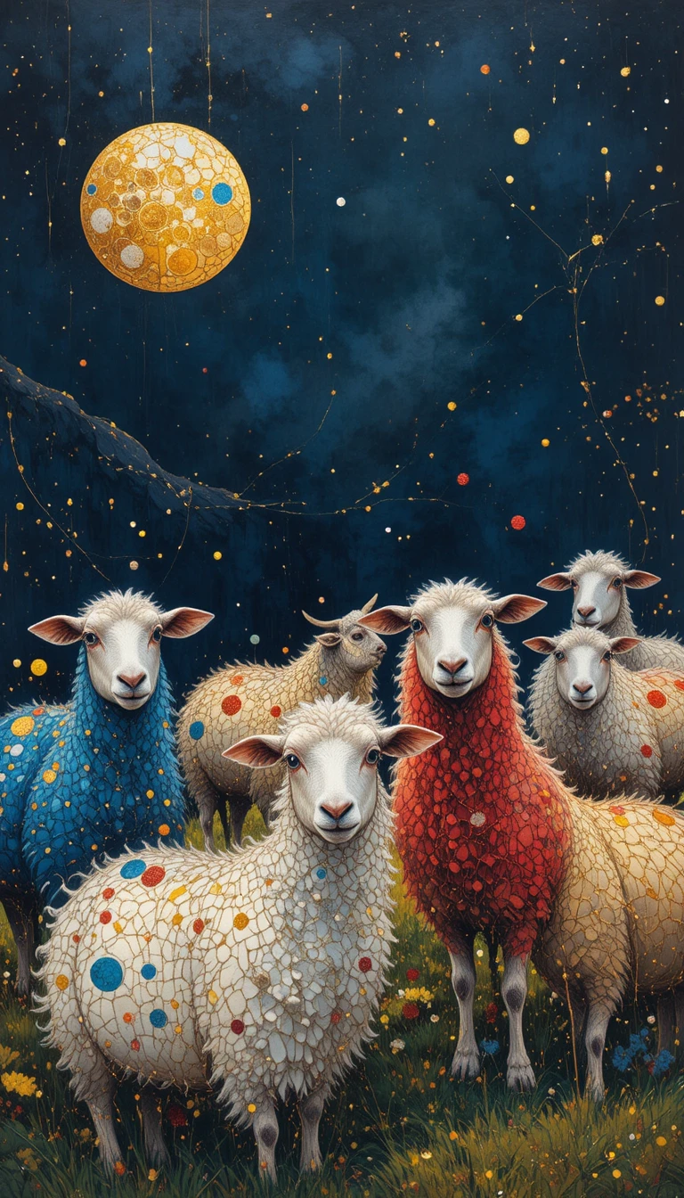 Colorful round sheep in a whimsical watercolor landscape