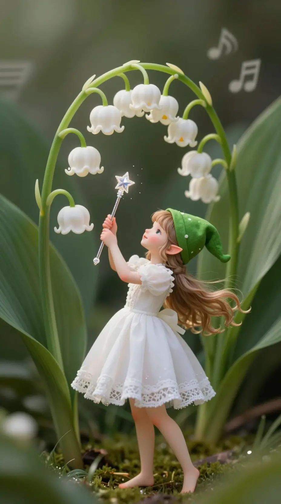 Elf girl playing music on lily of the valley bells