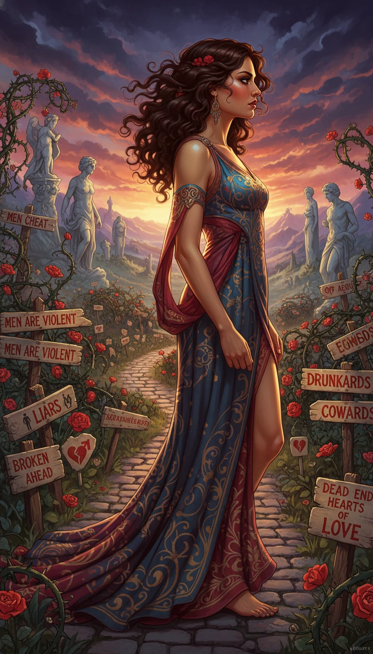 Determined Italian woman walking past ominous love warning signs