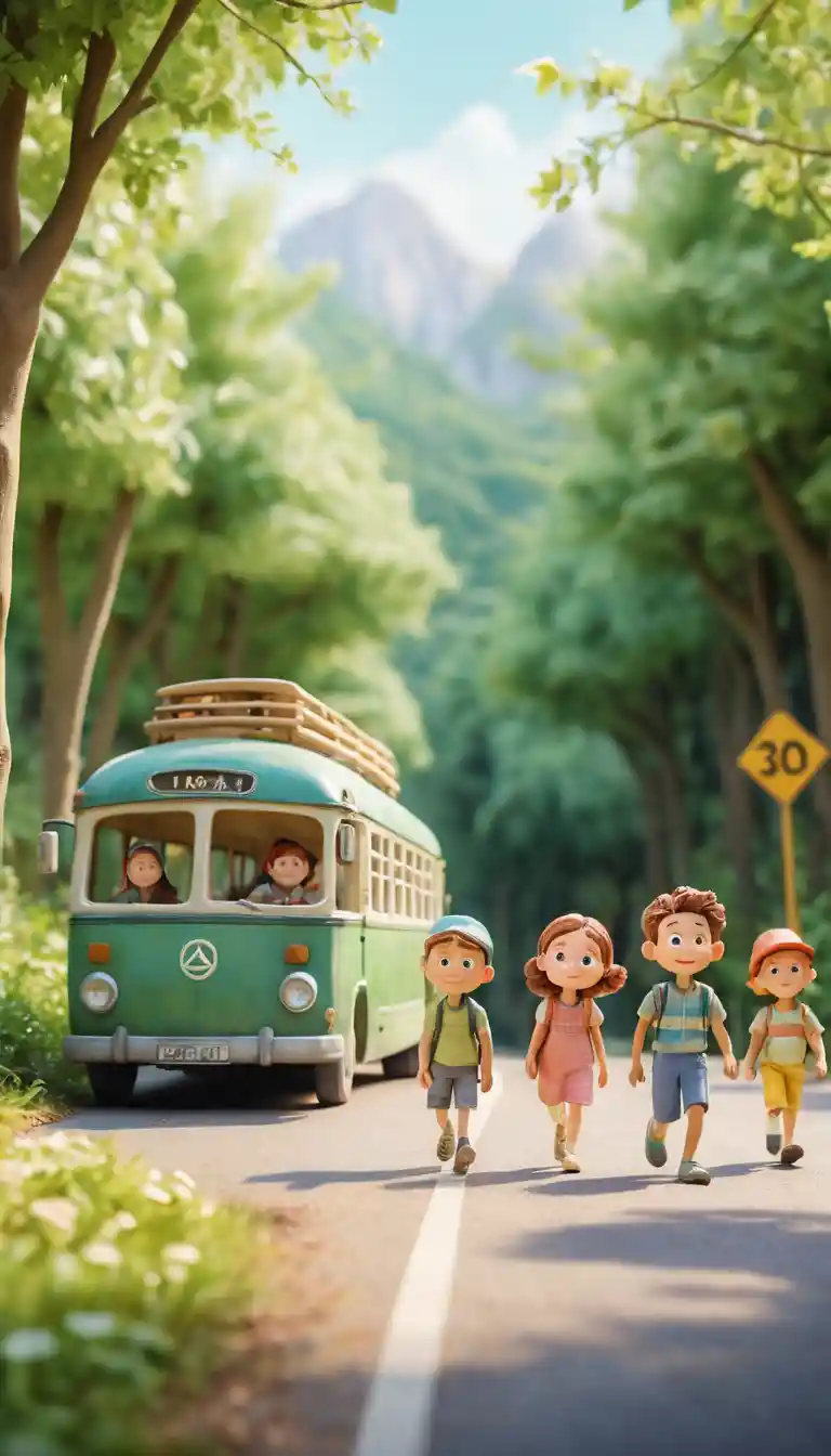Pixar style clay characters traveling by bus on summer highway