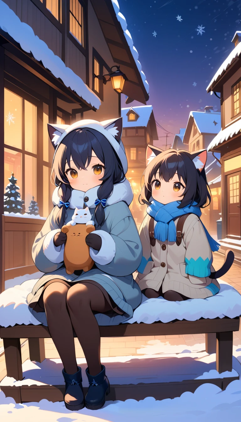 Cozy Plush Cats In Winter Sweaters Overlooking Snowy Street
