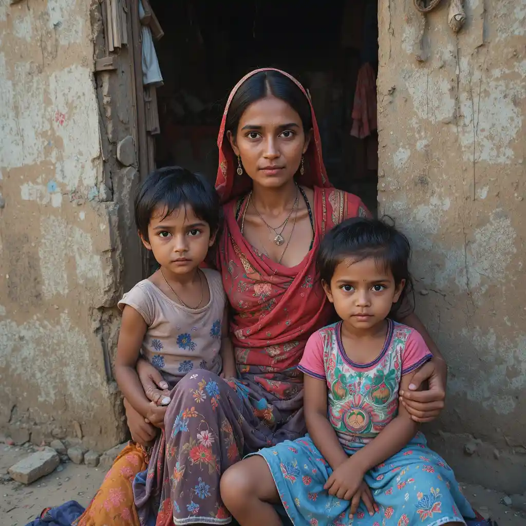 Poor village mother struggling to support her young children