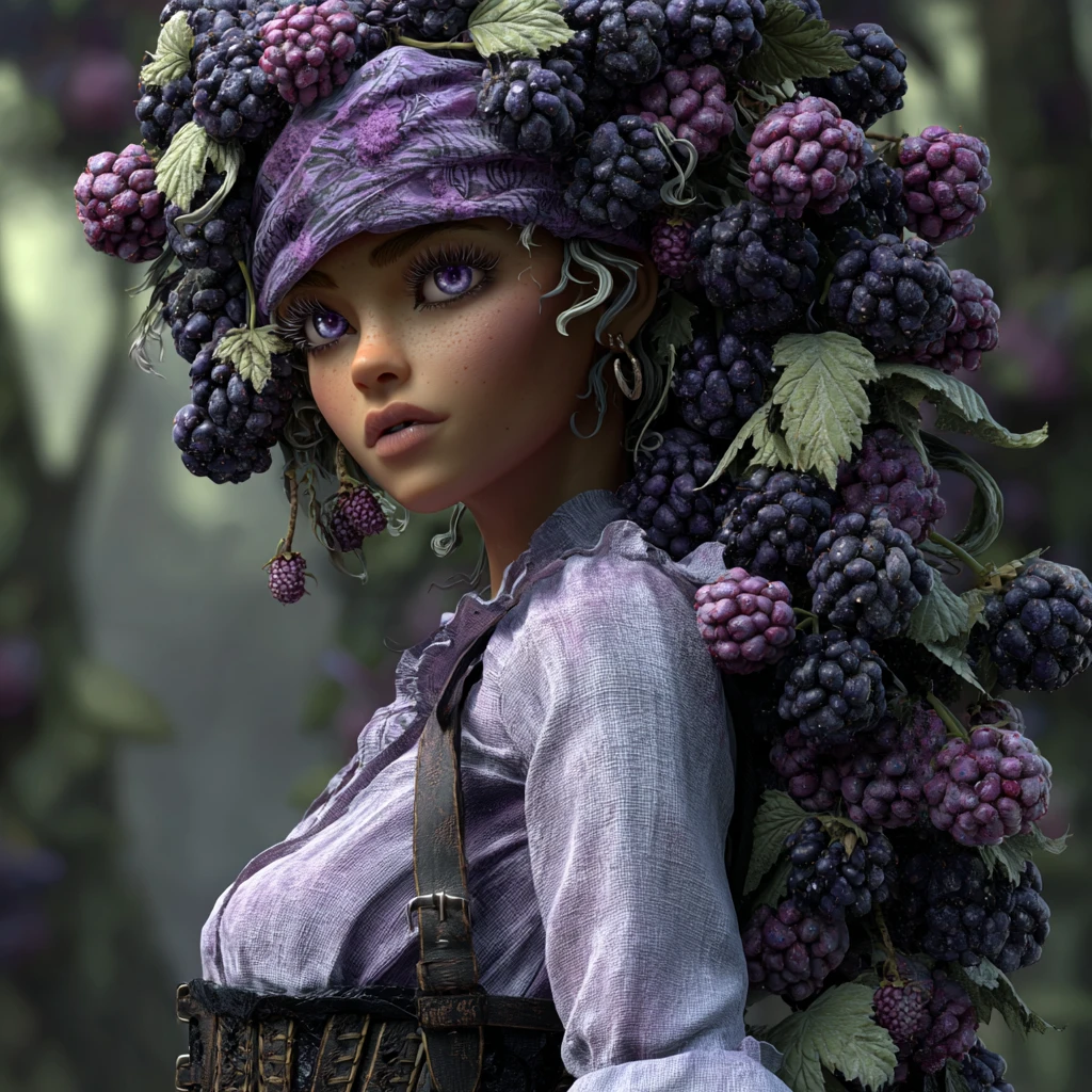 Mujer surrealista con cabello de mora en un bosque de ensueño