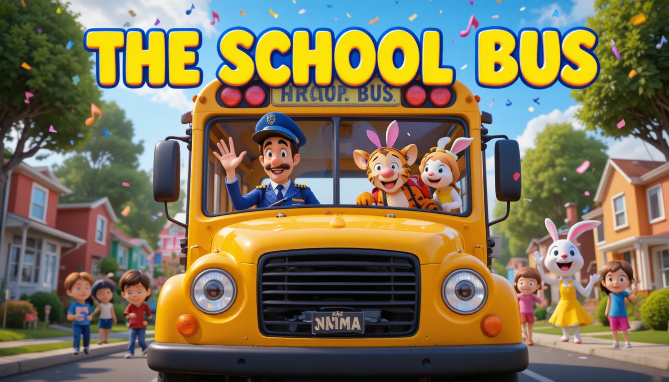 Smiling School Bus With Happy Kids In Colorful Suburb
