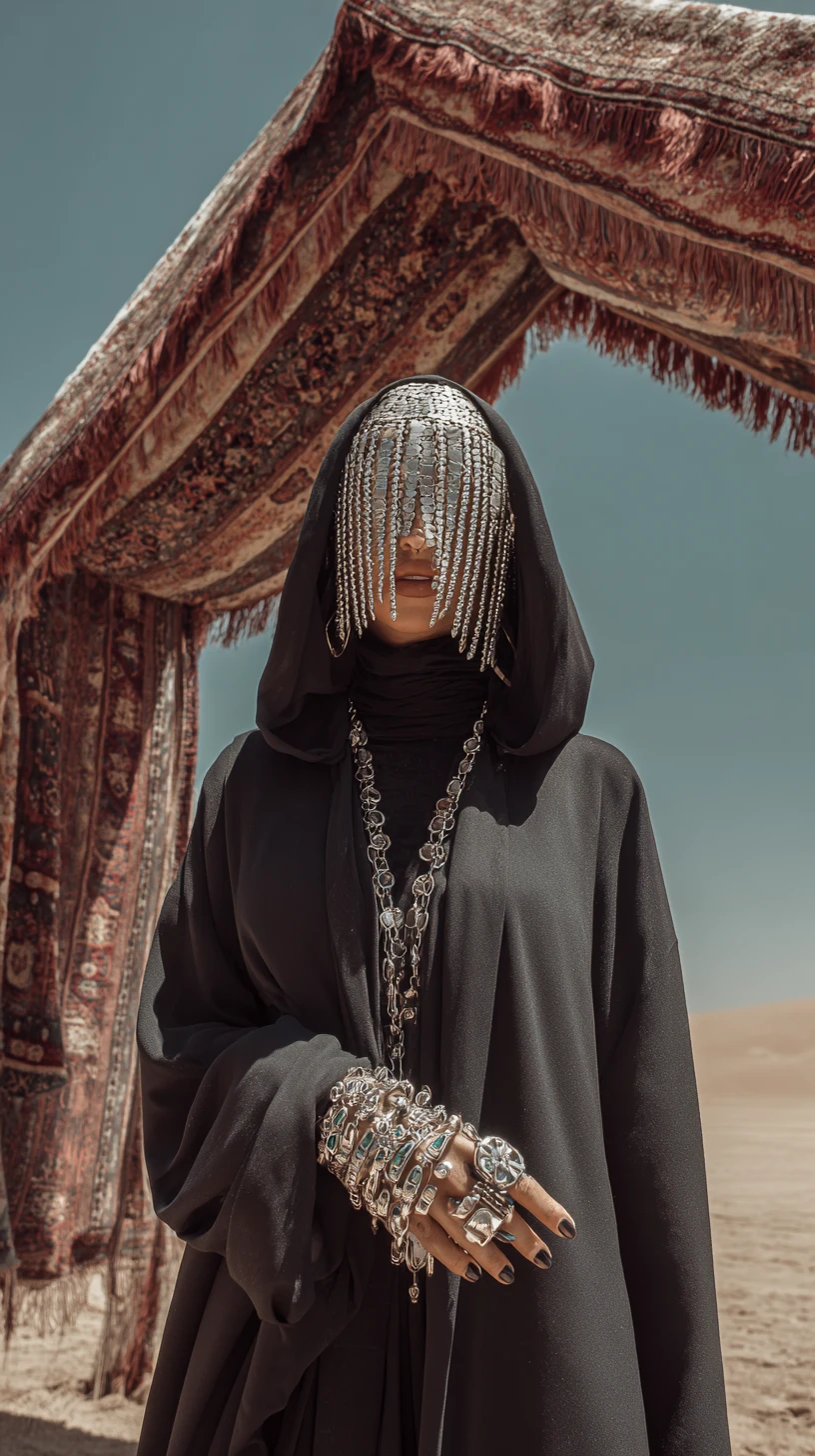 Mujer del desierto con abaya negra bajo arco de alfombras ornamentadas