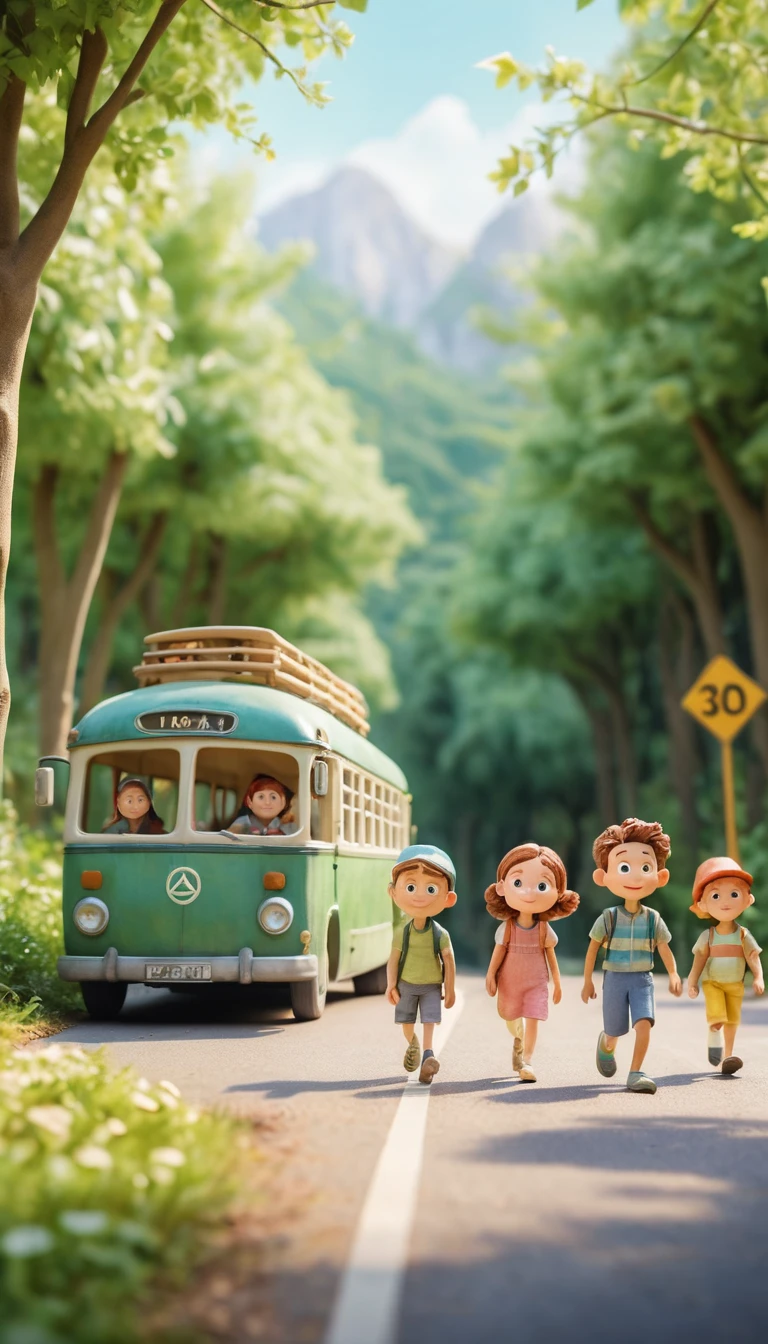 Pixar style clay characters traveling by bus on summer highway
