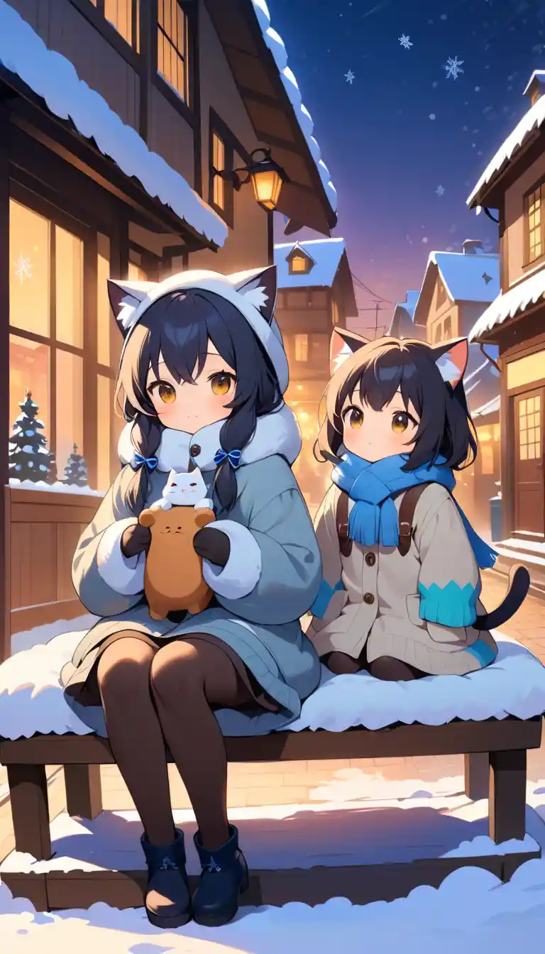 Cozy Plush Cats In Winter Sweaters Overlooking Snowy Street