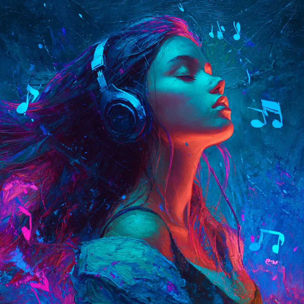 Dreamy cyberpunk woman with headphones in neon music