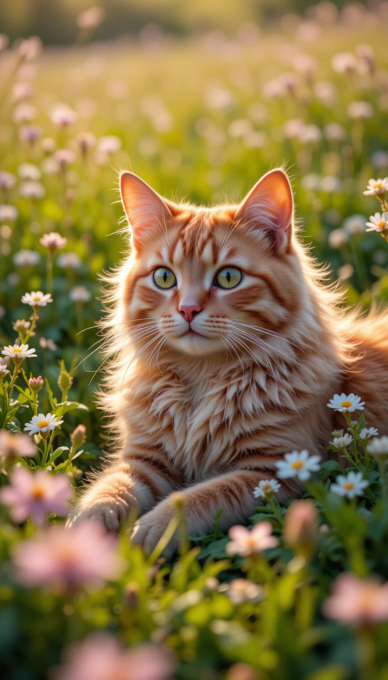 Red cat resting on a green meadow in warm sunlight