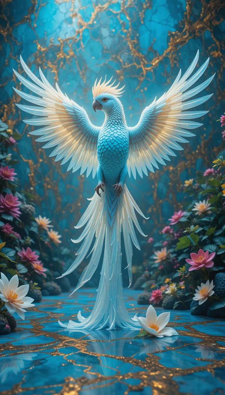Glowing Parrot Rising From Iridescent Marble With Flowers