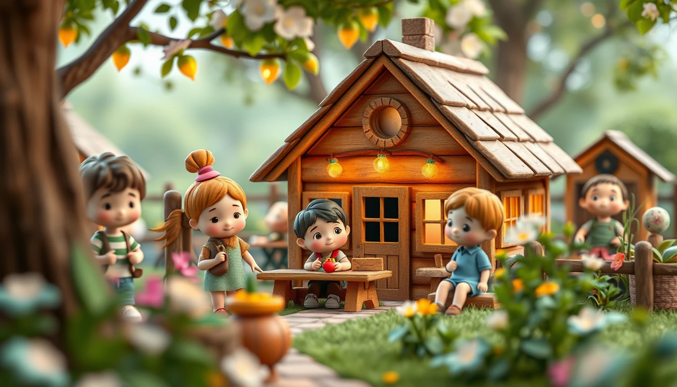 Cheerful cartoon children playing outdoors in summer light