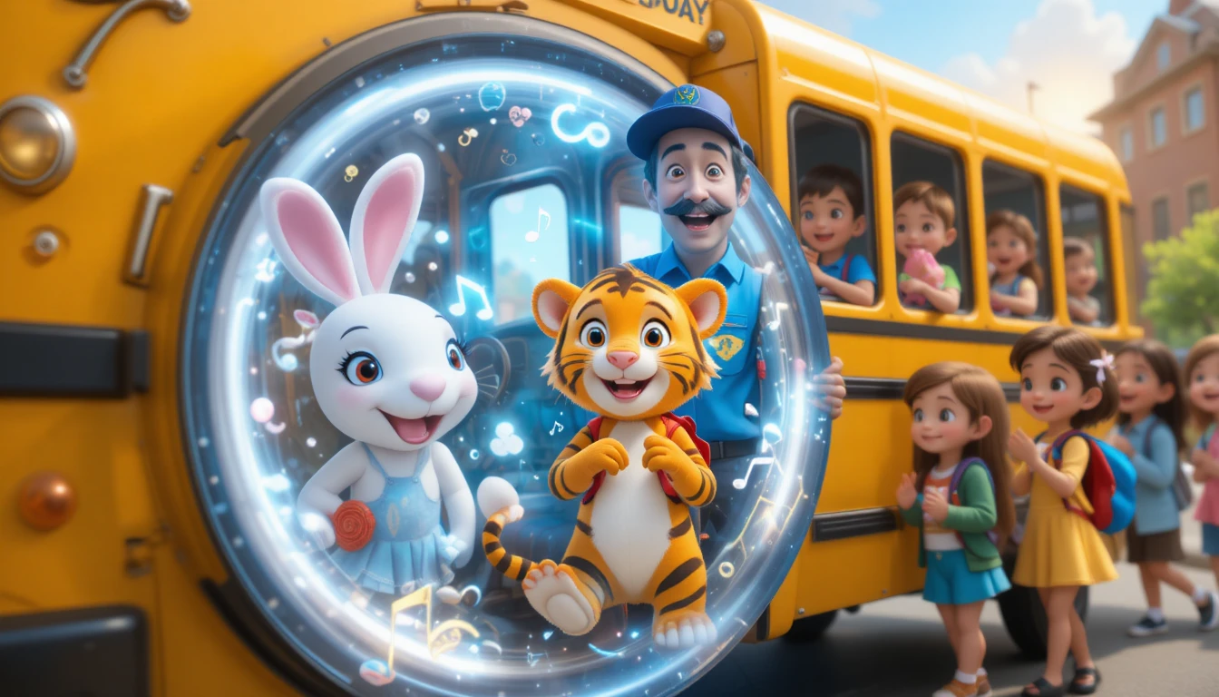 Smiling school bus with driver and animal friends