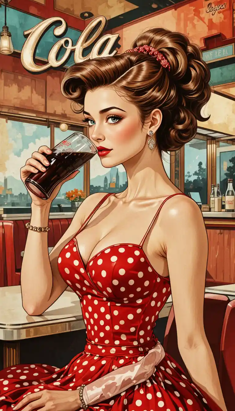 Donna retrò che sorseggia cola al bancone di una tavola calda classica
