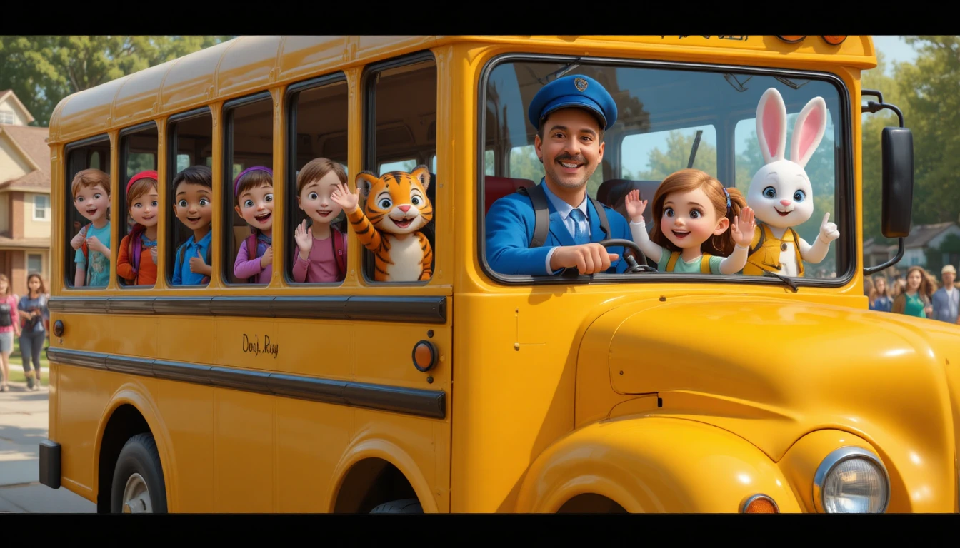 Cheerful school bus of kids driving through suburban neighborhood