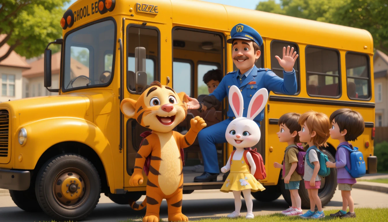 Smiling 3D school bus greeting children on sunny street