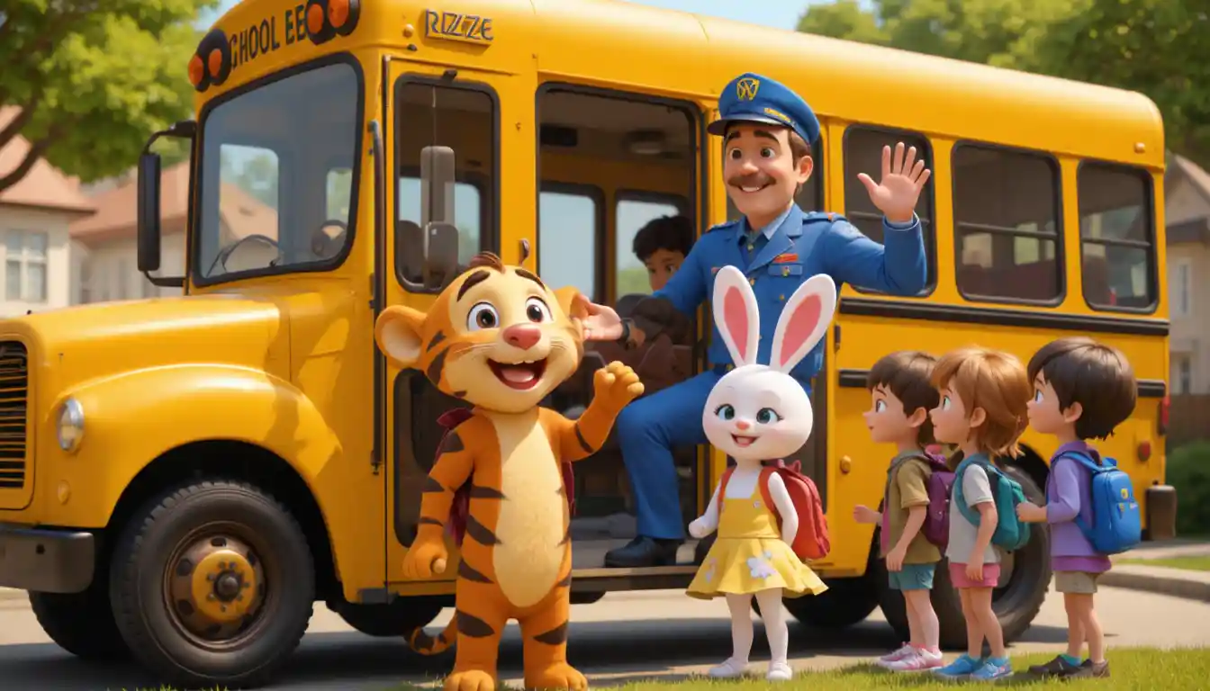 Smiling 3D school bus greeting children on sunny street