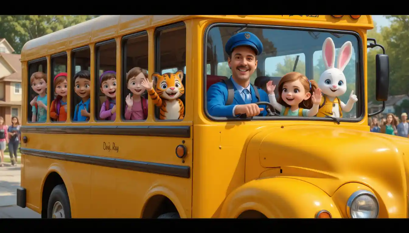 Allegro scuolabus pieno di bambini che attraversa un quartiere suburbano