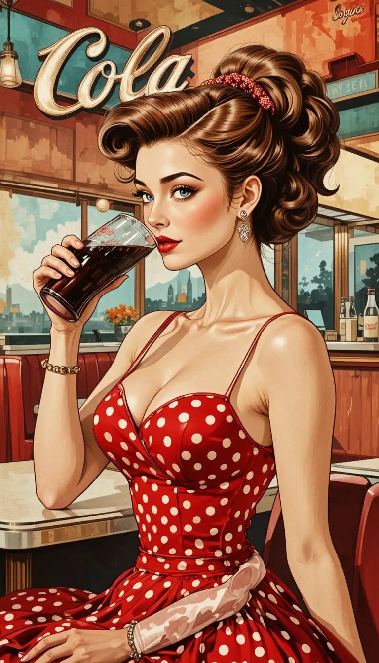 Retro woman sipping cola at classic diner counter