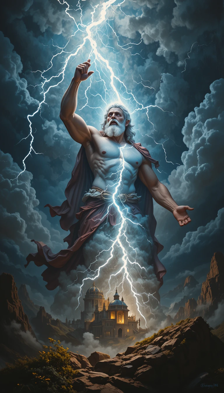 Zeus unleashing a lightning bolt over an awestruck village