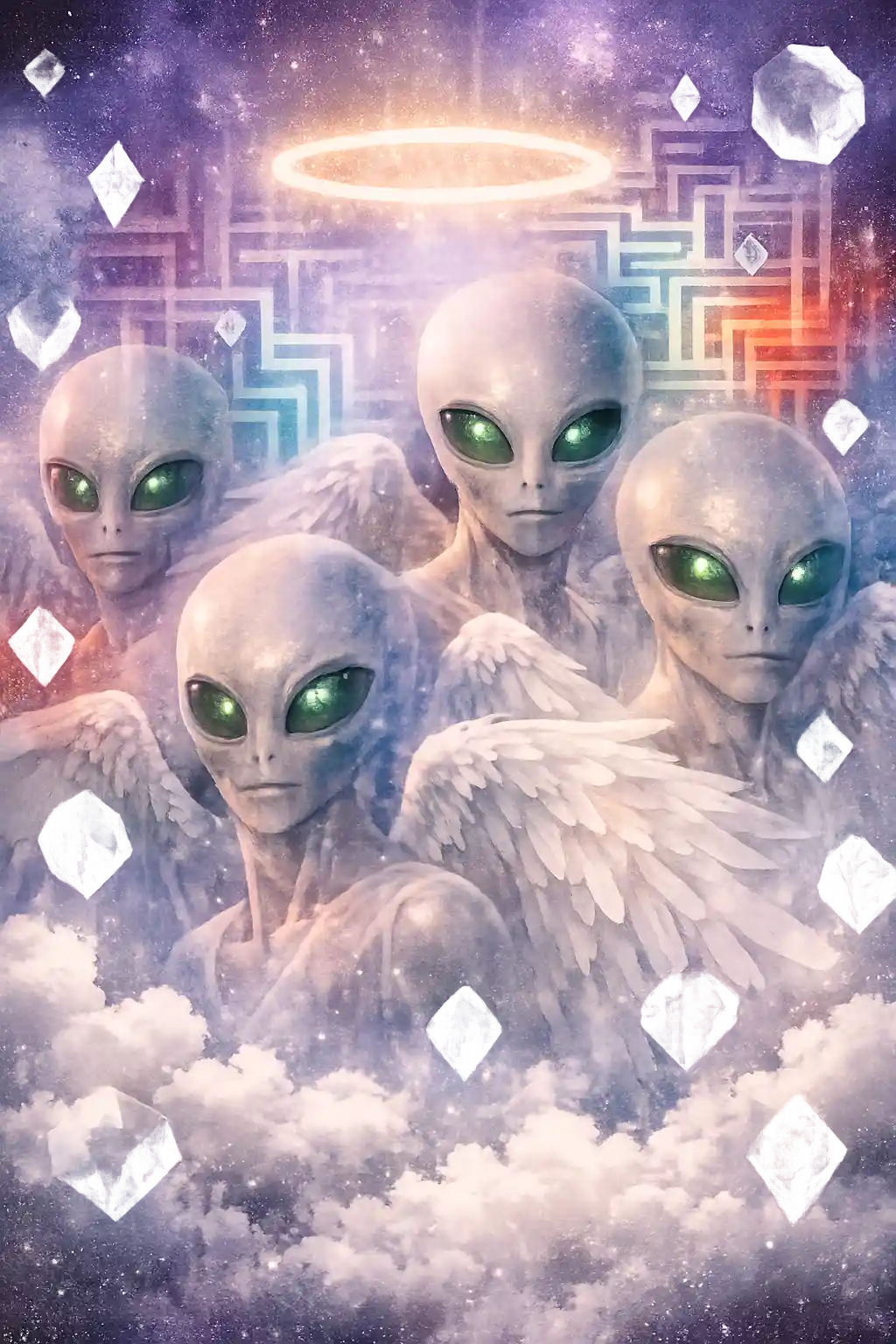 Surreal alien angels fading through a glowing cosmic sky