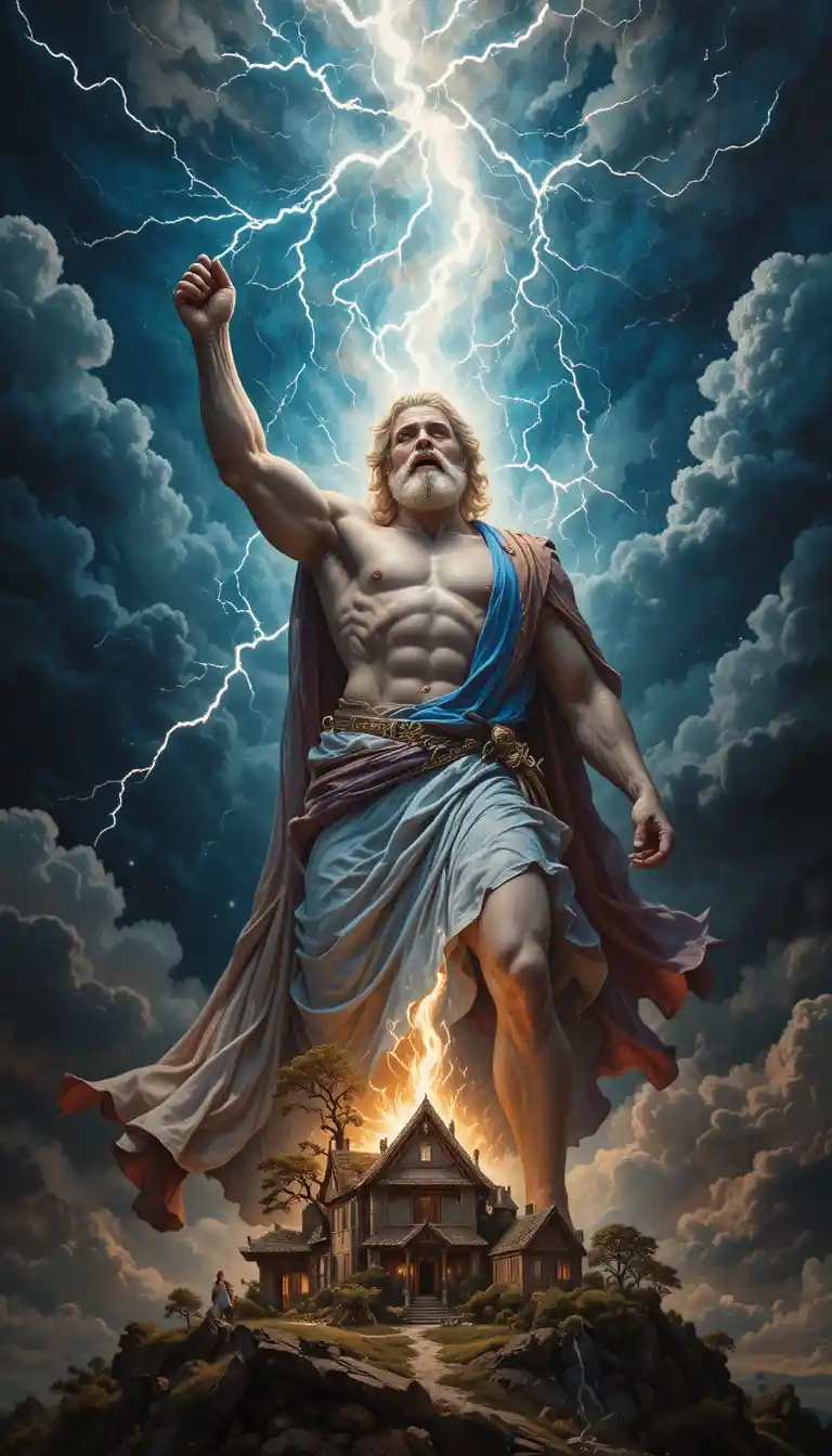 Zeus unleashing a lightning bolt over a distant village
