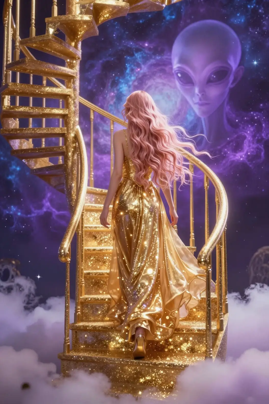 Donna in abito dorato fluente su scala a chiocciola celestiale