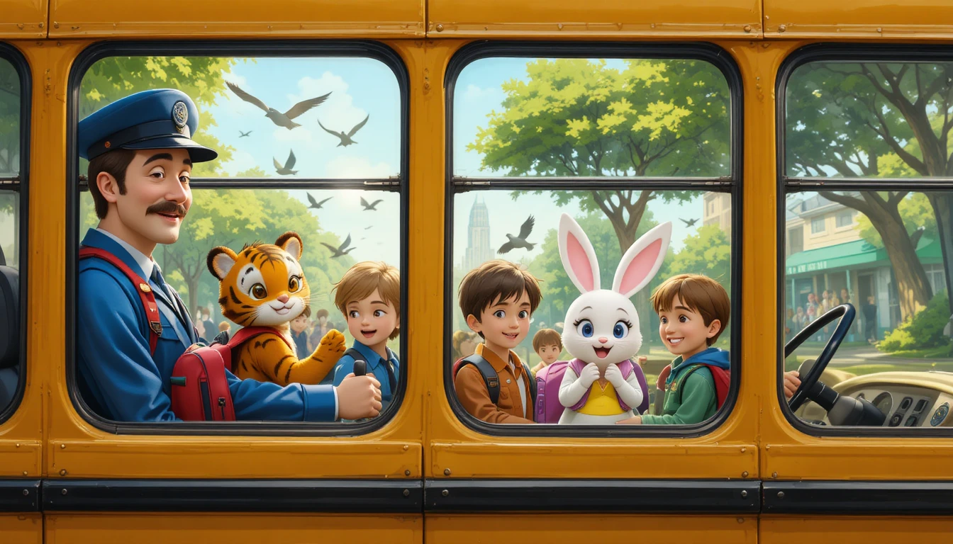 Excited children riding a friendly school bus to school
