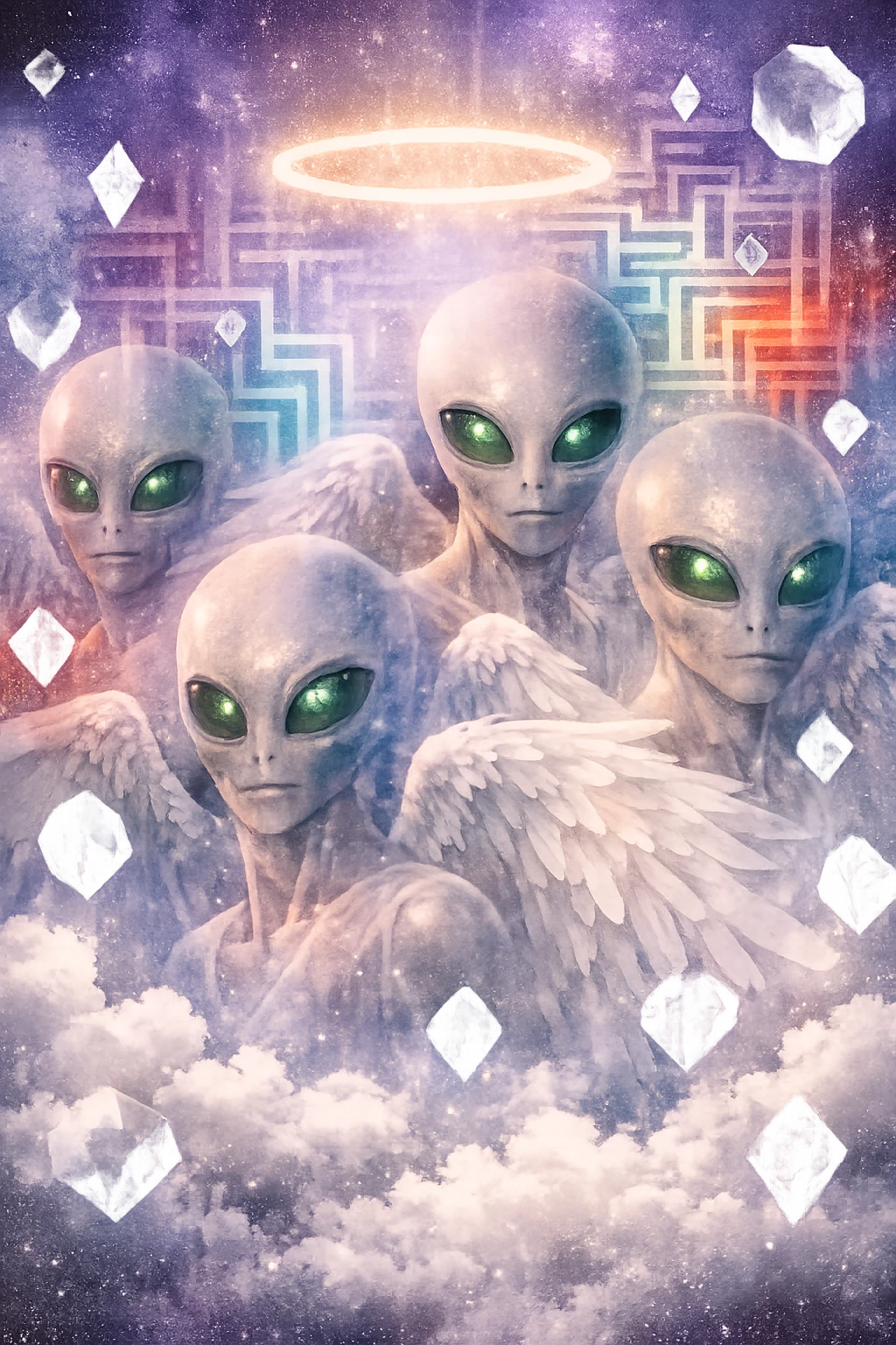 Surreal alien angels fading through a glowing cosmic sky