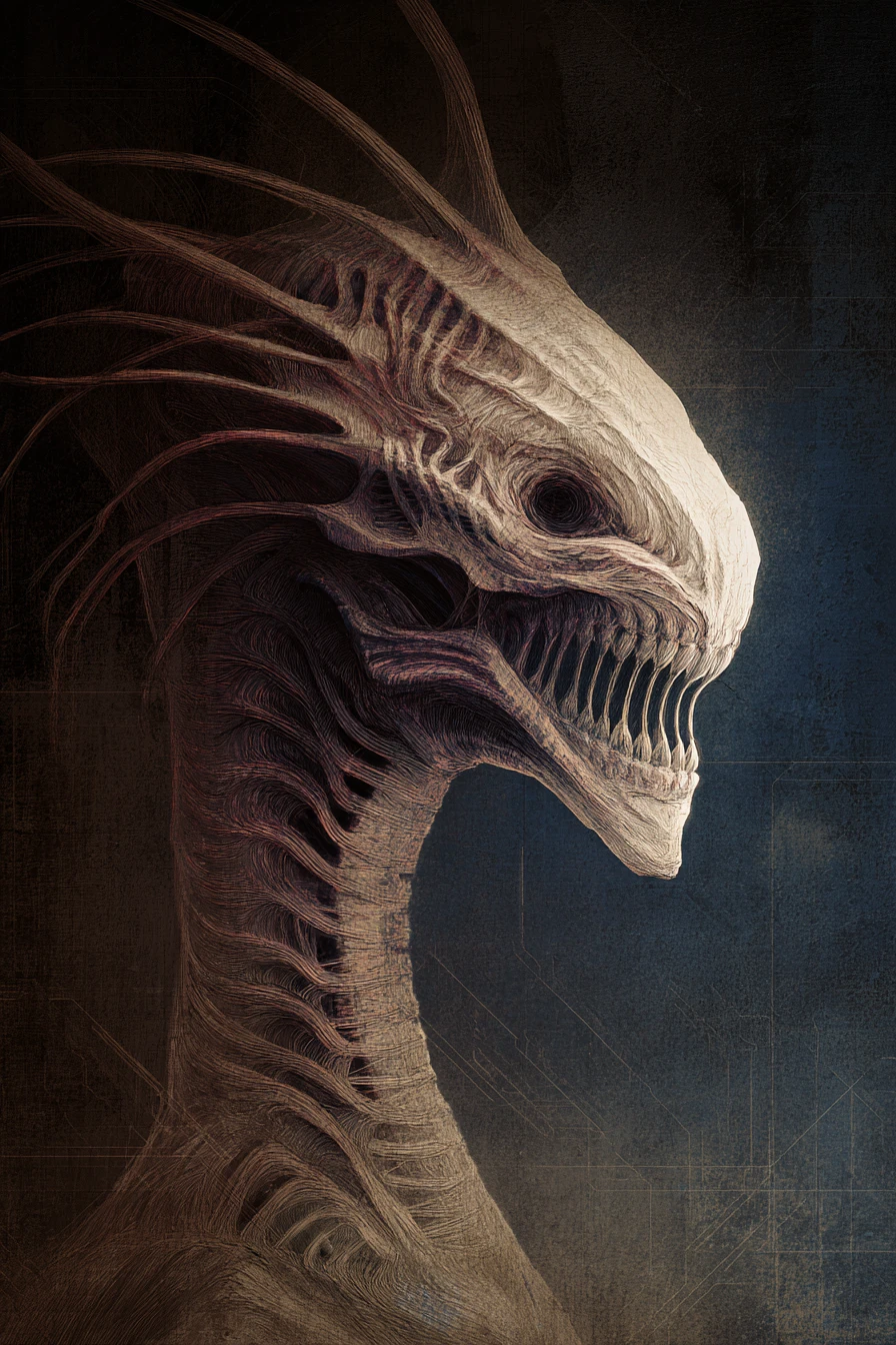 Creepy monster with twisted neck in dark gothic style