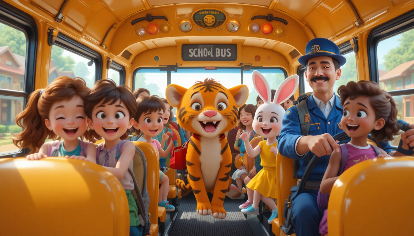Kids laughing together inside a sunny school bus
