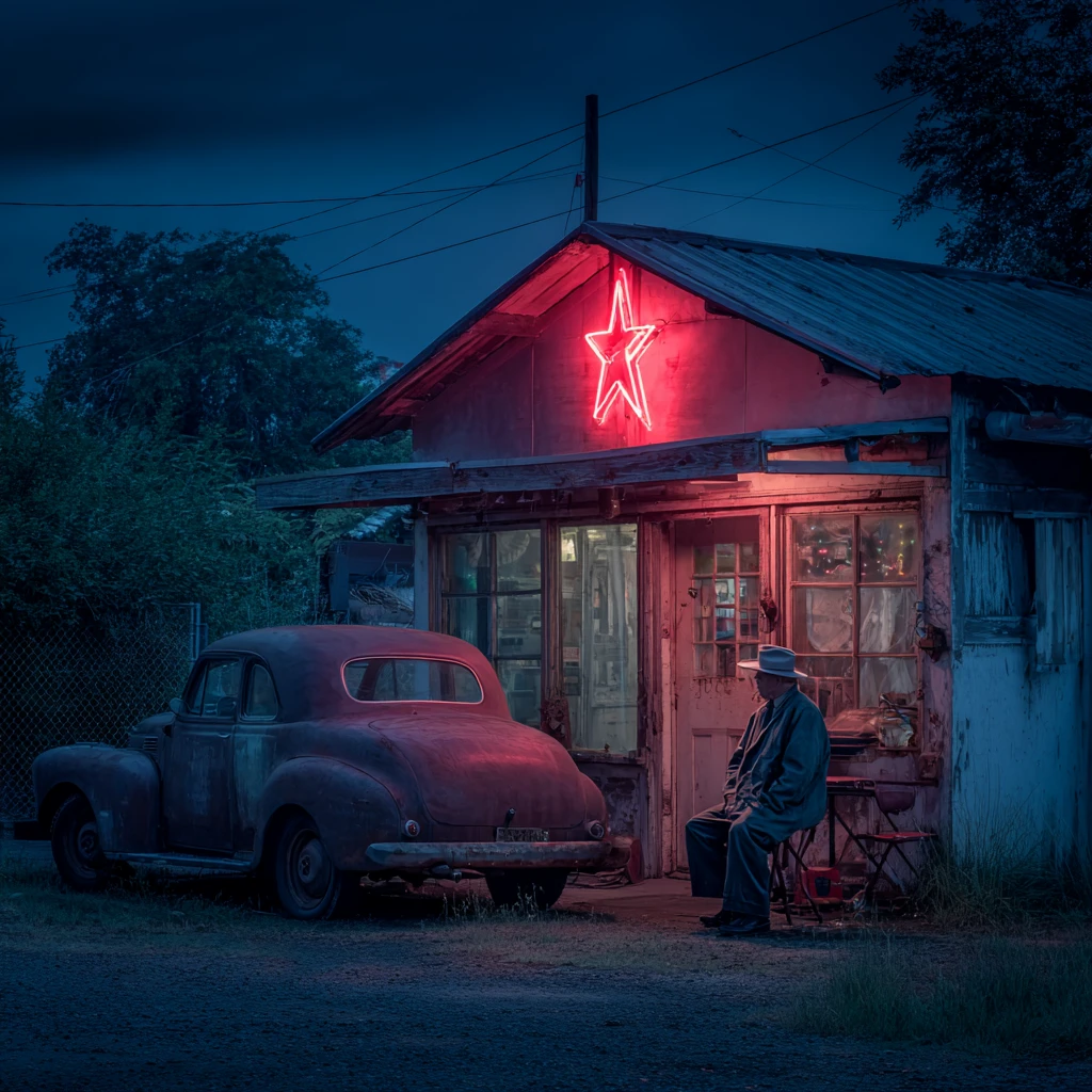Rusty classic car at eerie neon lit gas station
