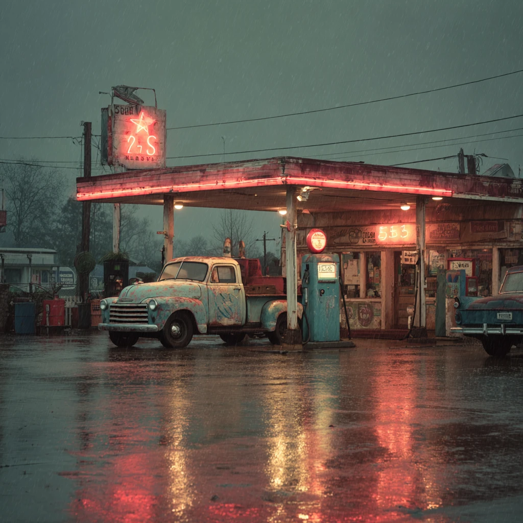 Creepy roadside gas station with neon lights at night