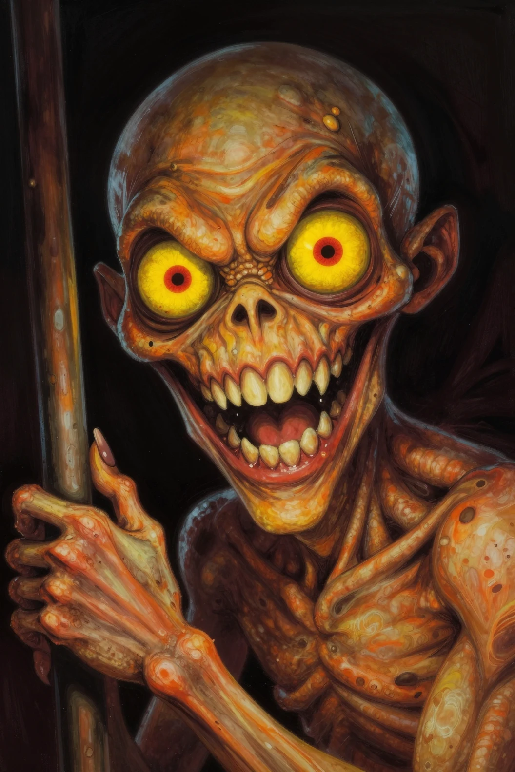 Rosto de monstro digital assustador com olhos saltados e brilhantes