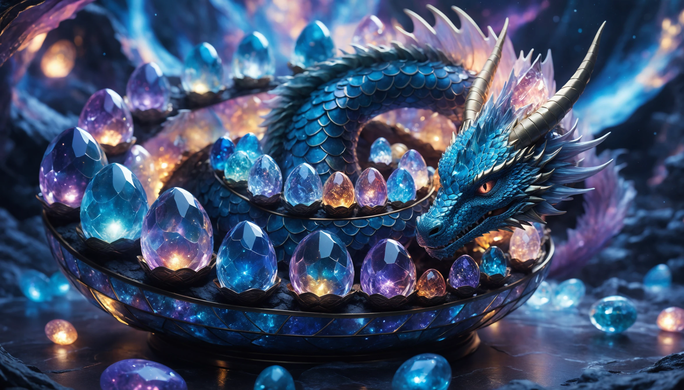 Cosmic crystal dragon god sleeping around a radiant void