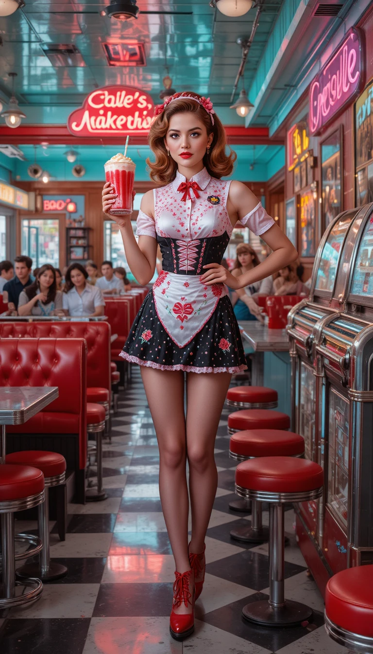 Garçonete retrô servindo milk-shake de cereja em uma lanchonete americana dos anos 1950
