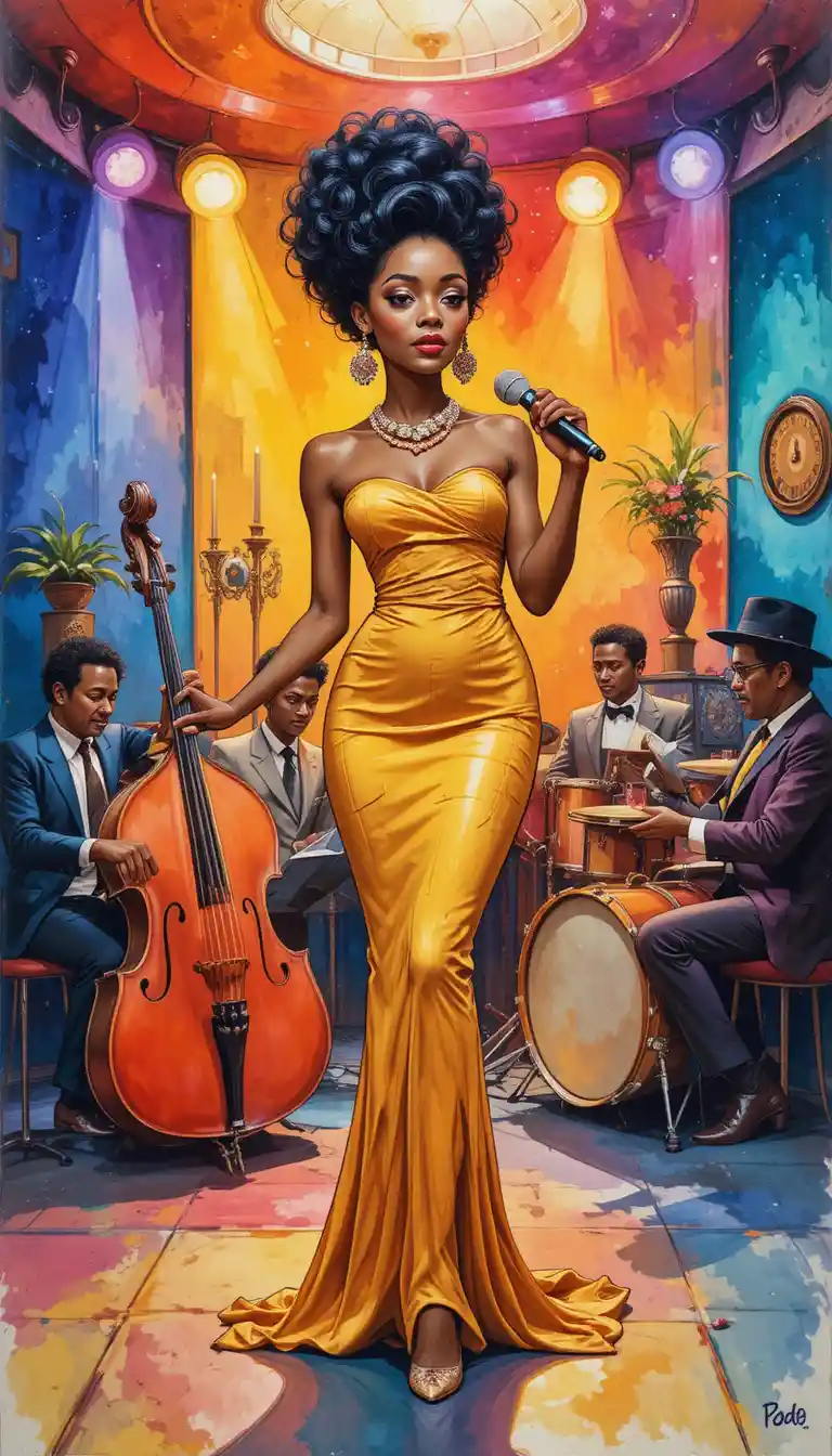 Colorful jazz singer performing in a lively party room